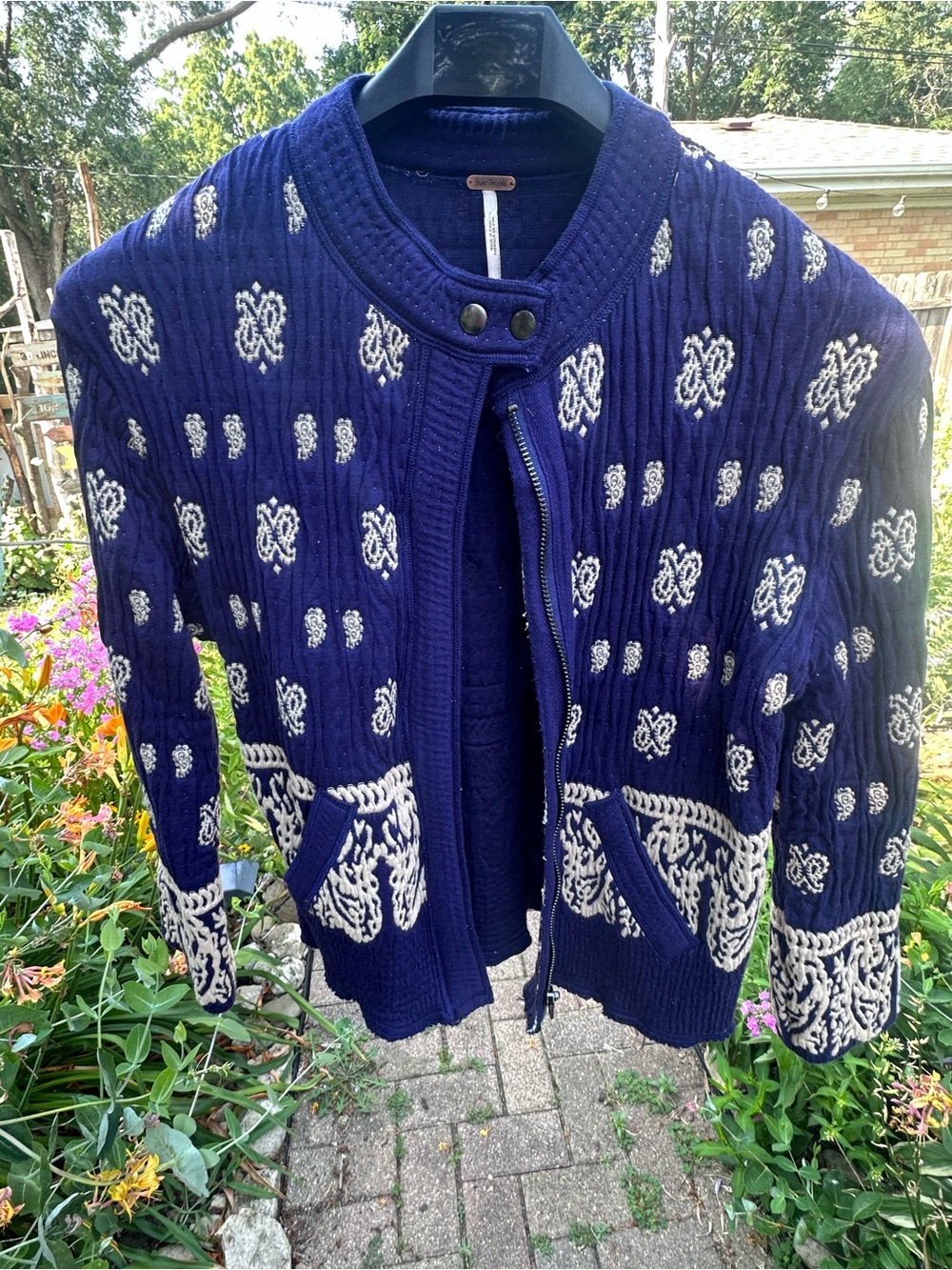 Free People Navy Blue Knit Teddy Jacket Embroidered Cream Accents